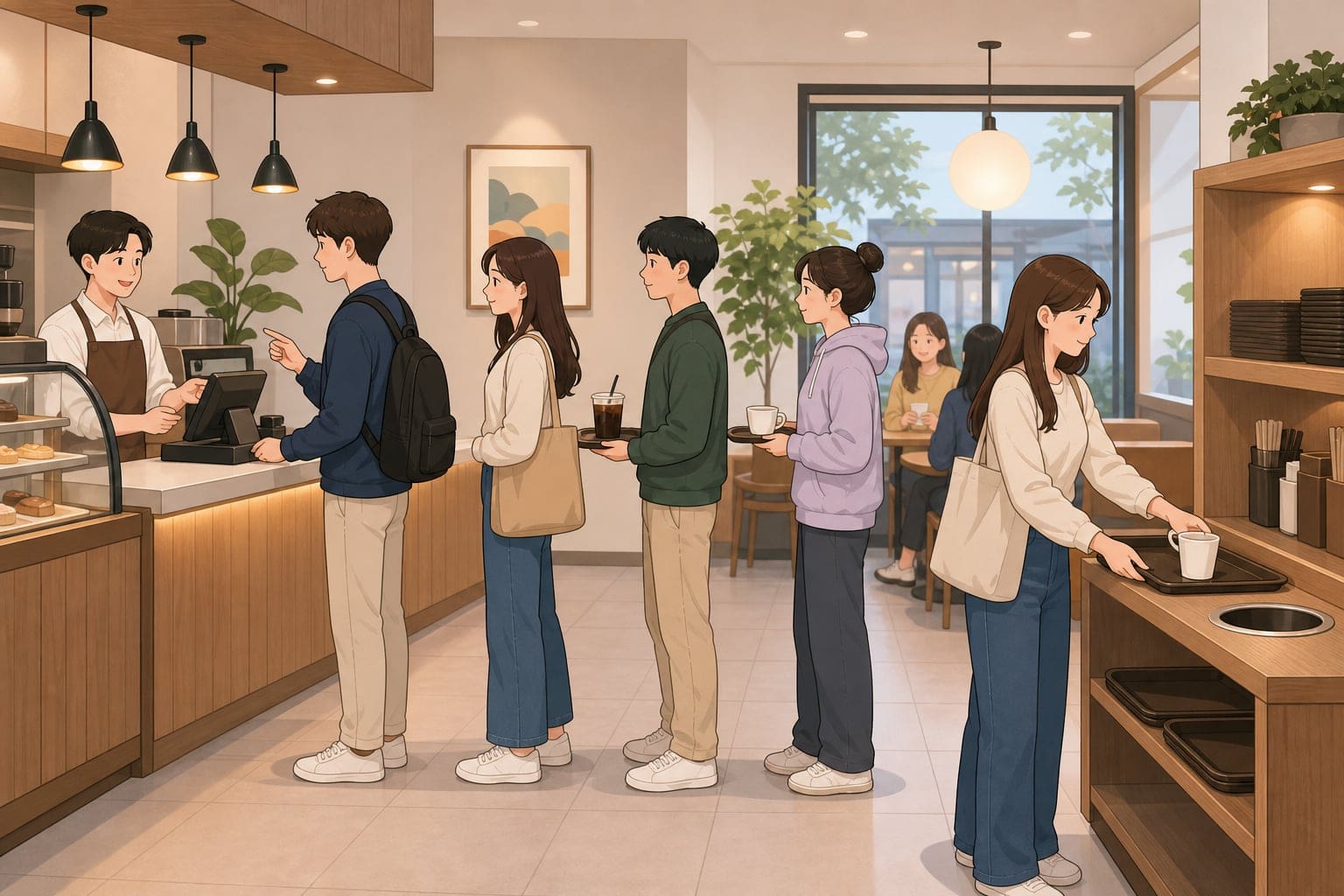 韓國咖啡廳排隊點餐與餐盤回收禮儀插圖
