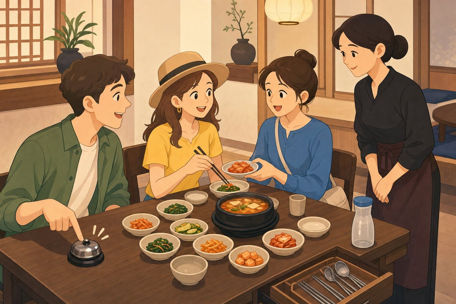 韓國餐廳小菜服務鈴與用餐禮儀插圖