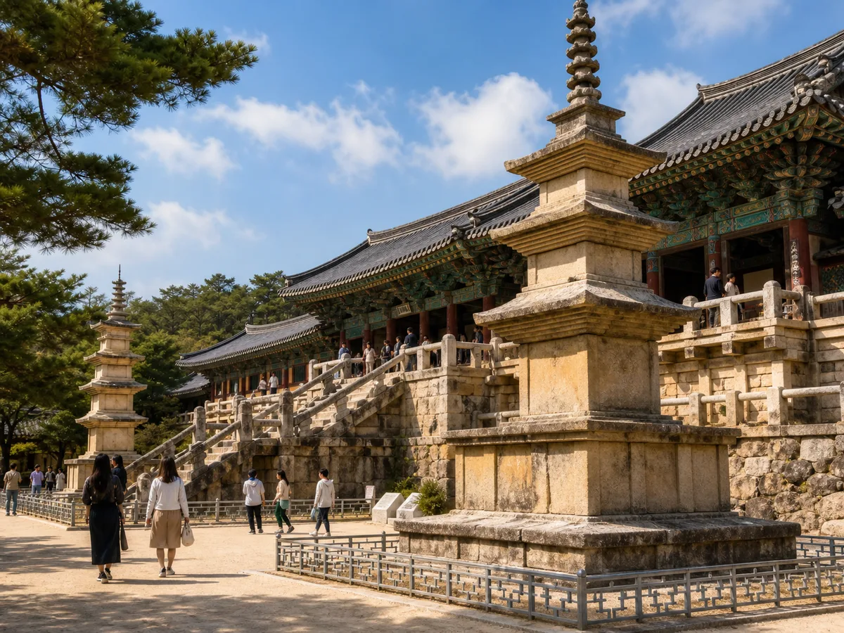 慶州佛國寺建築與石塔景觀情境示意