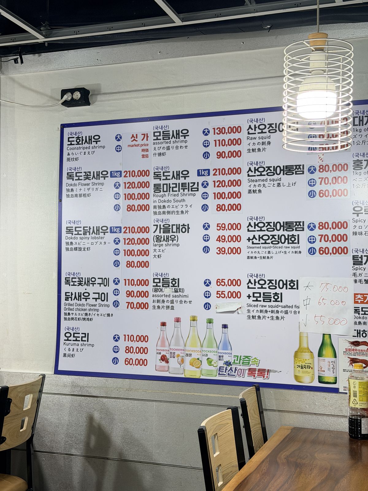 店內獨島蝦菜單看板,列出도화새우時價、꽃새우、닭새우、오도리、가을대하等大中小價格