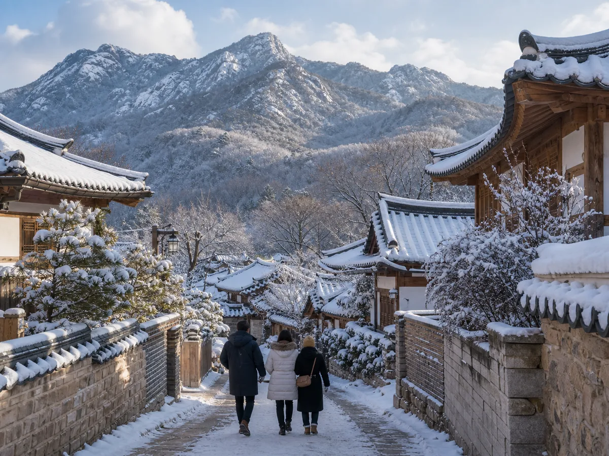 首爾恩平韓屋村冬季雪景與傳統屋瓦