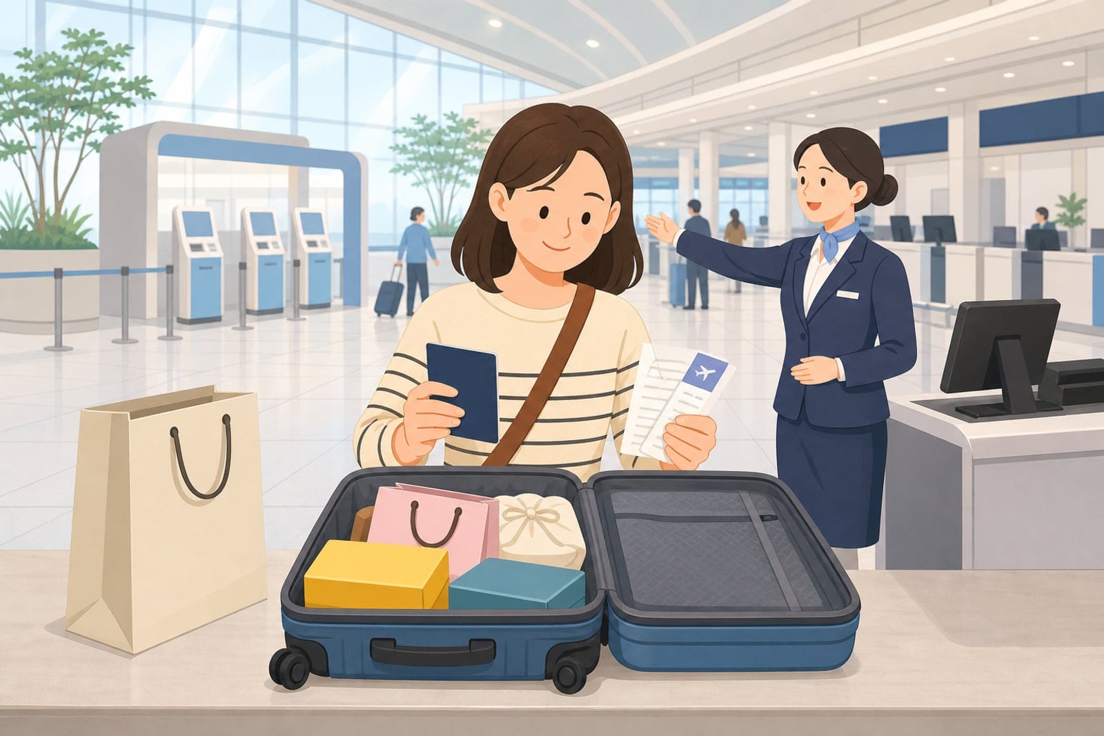 韓國機場退稅與商品查驗流程插畫