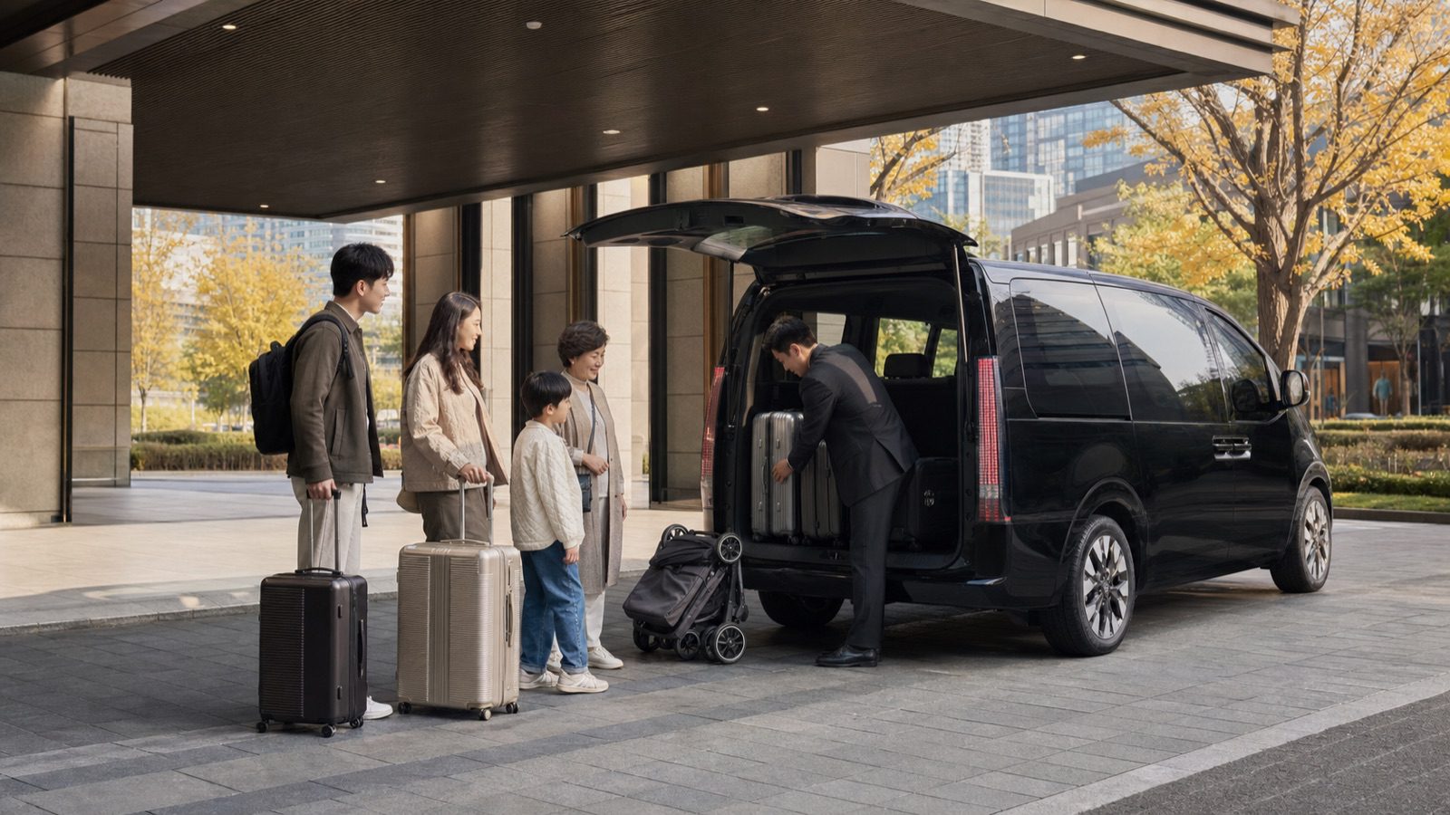 親子與長輩同行韓國包車，出發前確認行李與車型的 AI 情境示意圖