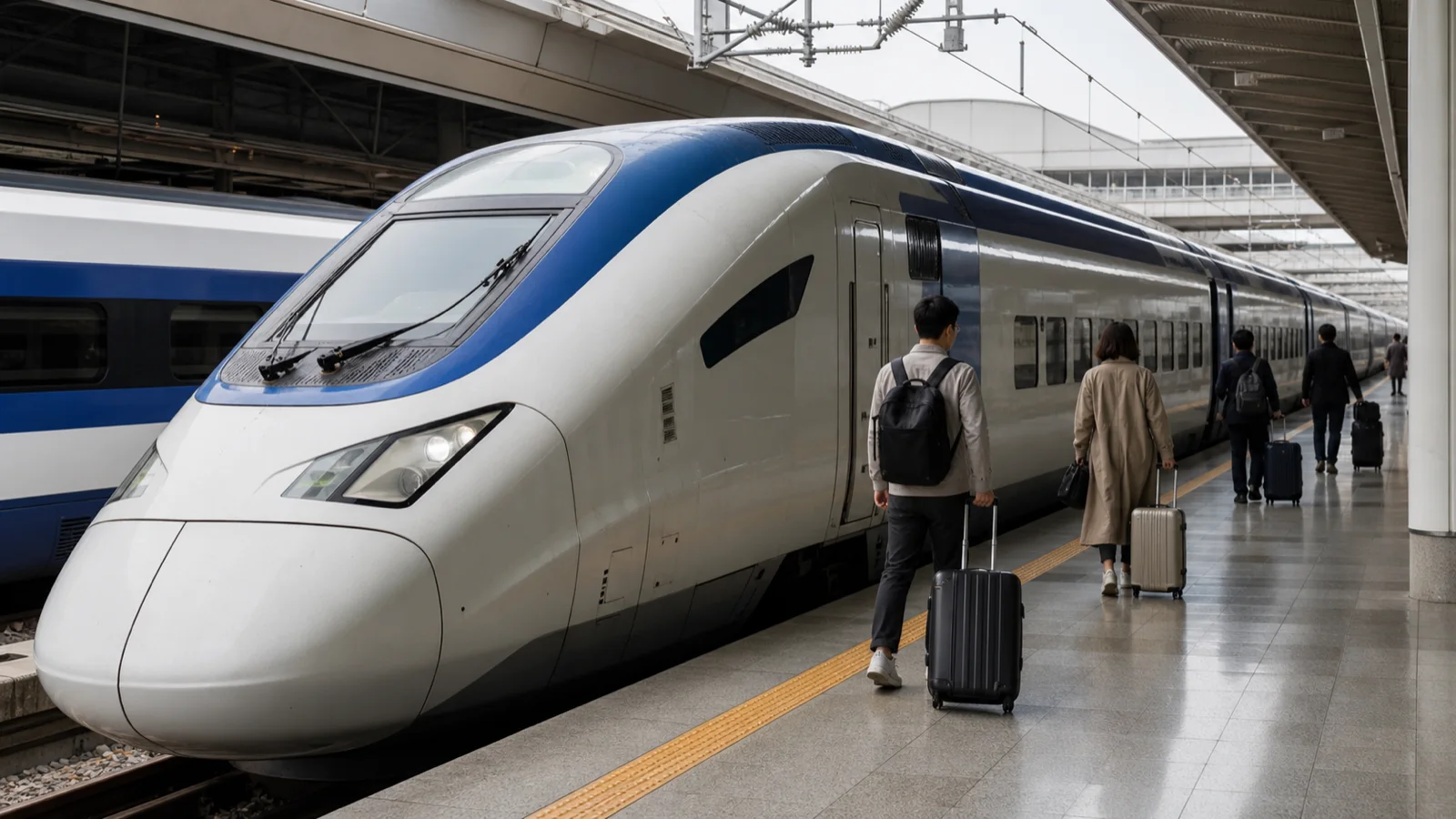 韓國 KTX 高速列車停靠月台，旅客攜帶行李準備搭車
