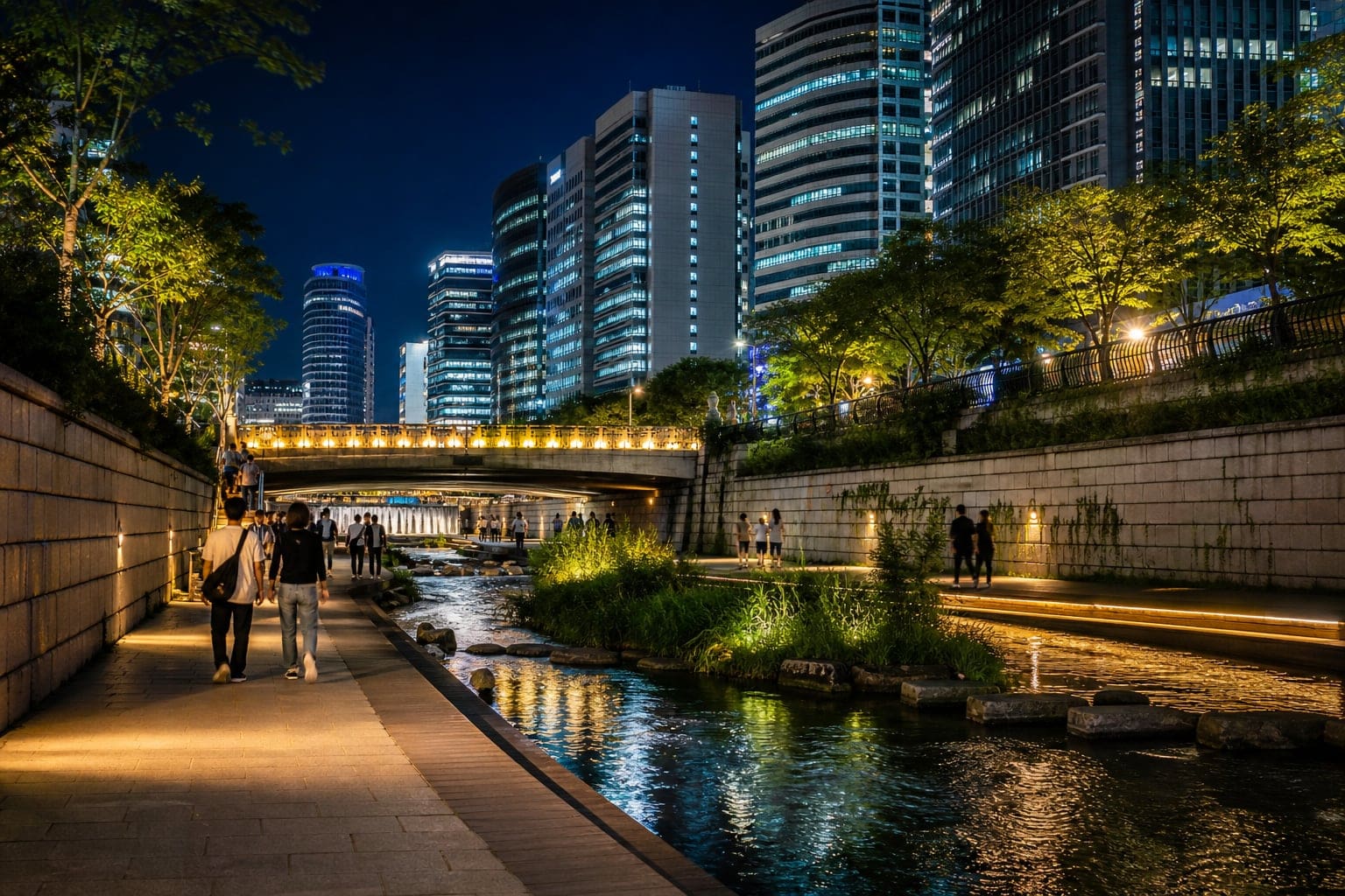 2026首爾清溪川夜間燈光散步與城市夜景情境
