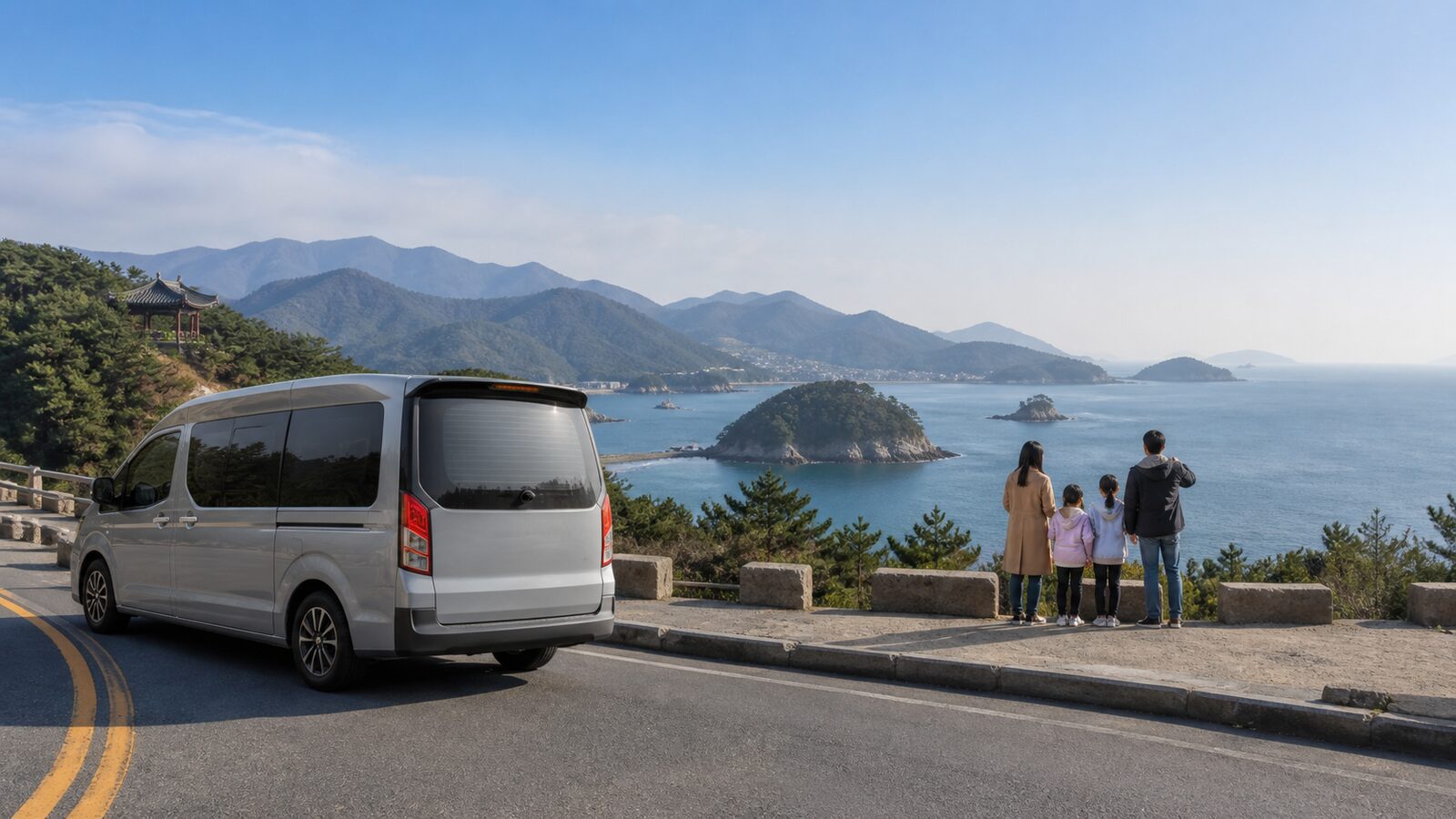 釜山出發前往韓國南部海岸的包車一日遊情境示意