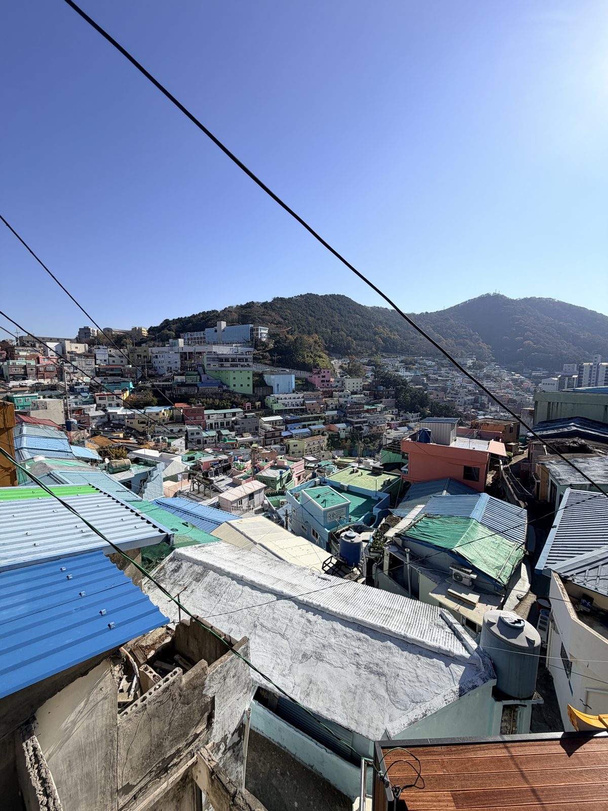 從甘川文化村屋頂平台俯瞰彩色山城