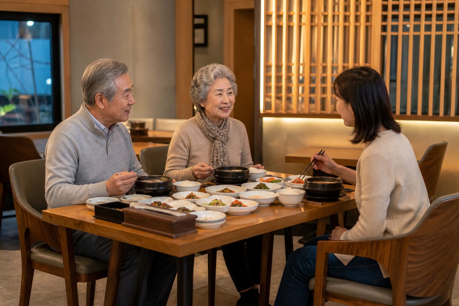 長輩與家人在韓國餐廳使用一般桌椅用餐的情境示意