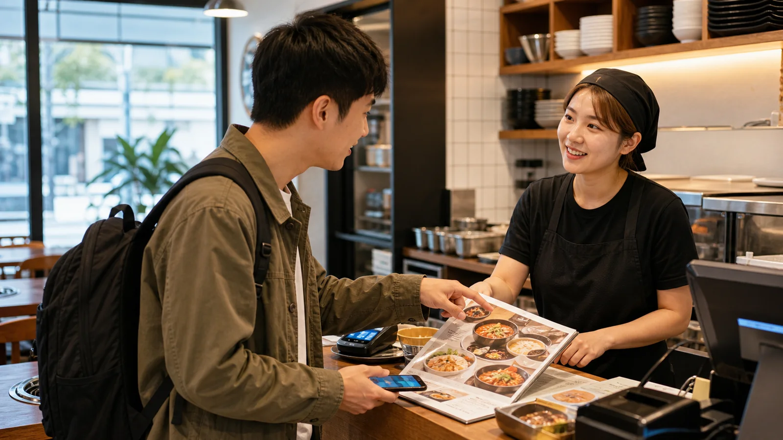 旅客在韓國餐廳以圖片菜單和手機協助點餐的情境示意
