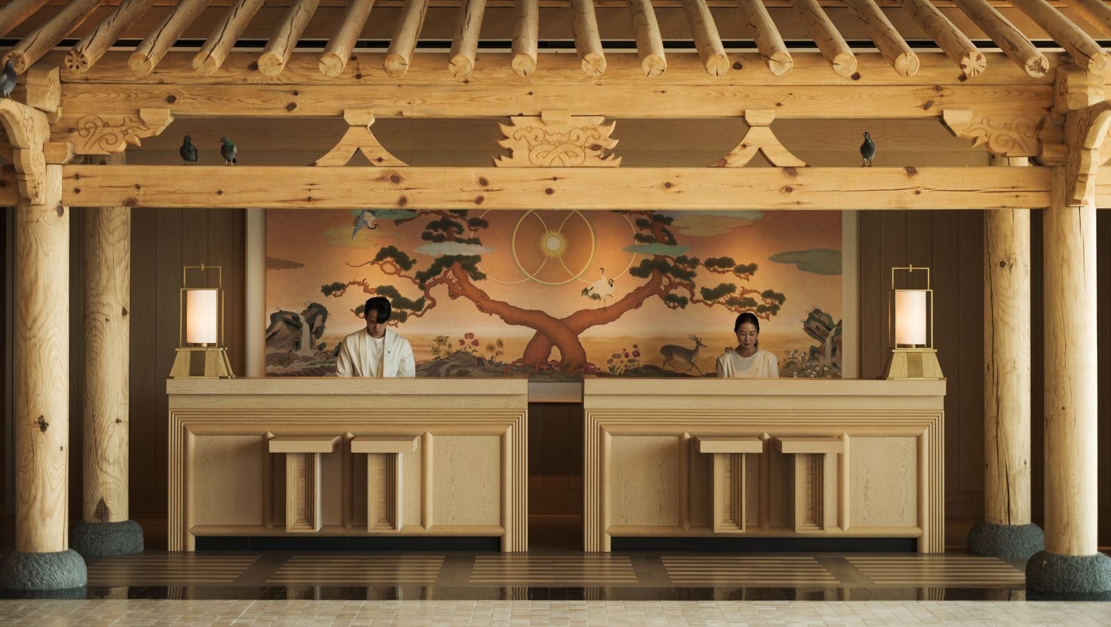 濟州 JW 萬豪度假酒店大廳櫃台與壁畫
