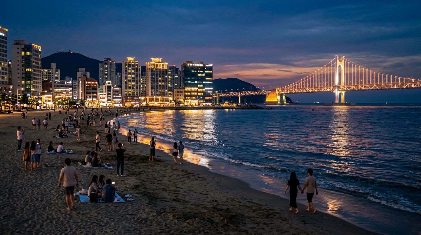 釜山廣安里海水浴場黃昏暮色與廣安大橋夜景情境示意