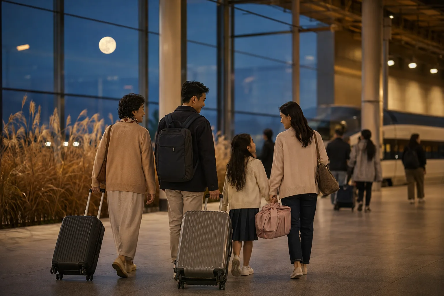 2026 韓國秋夕連假家庭旅客攜帶行李前往高鐵車站情境示意