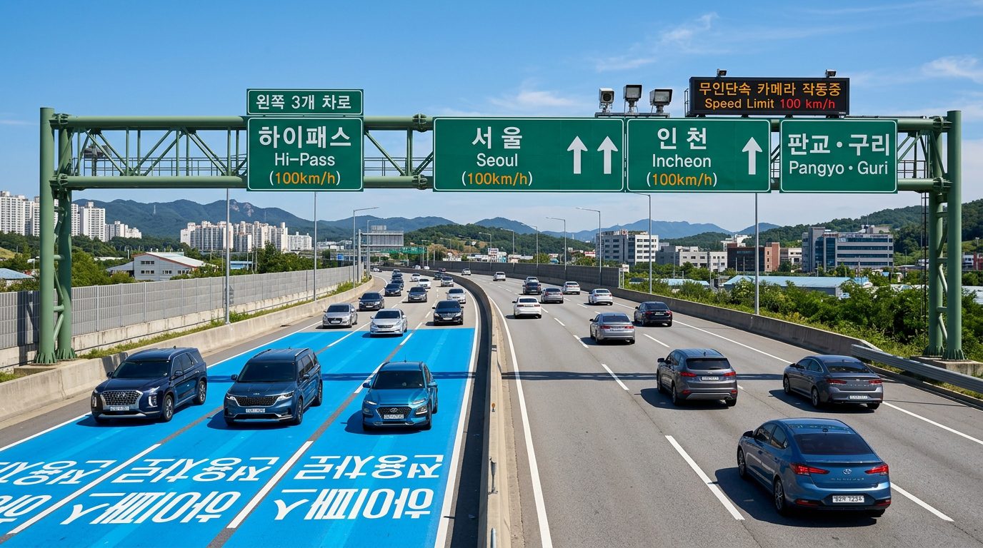 韓國現代高速公路藍色 Hi-Pass 電子收費專用道與測速攝影機