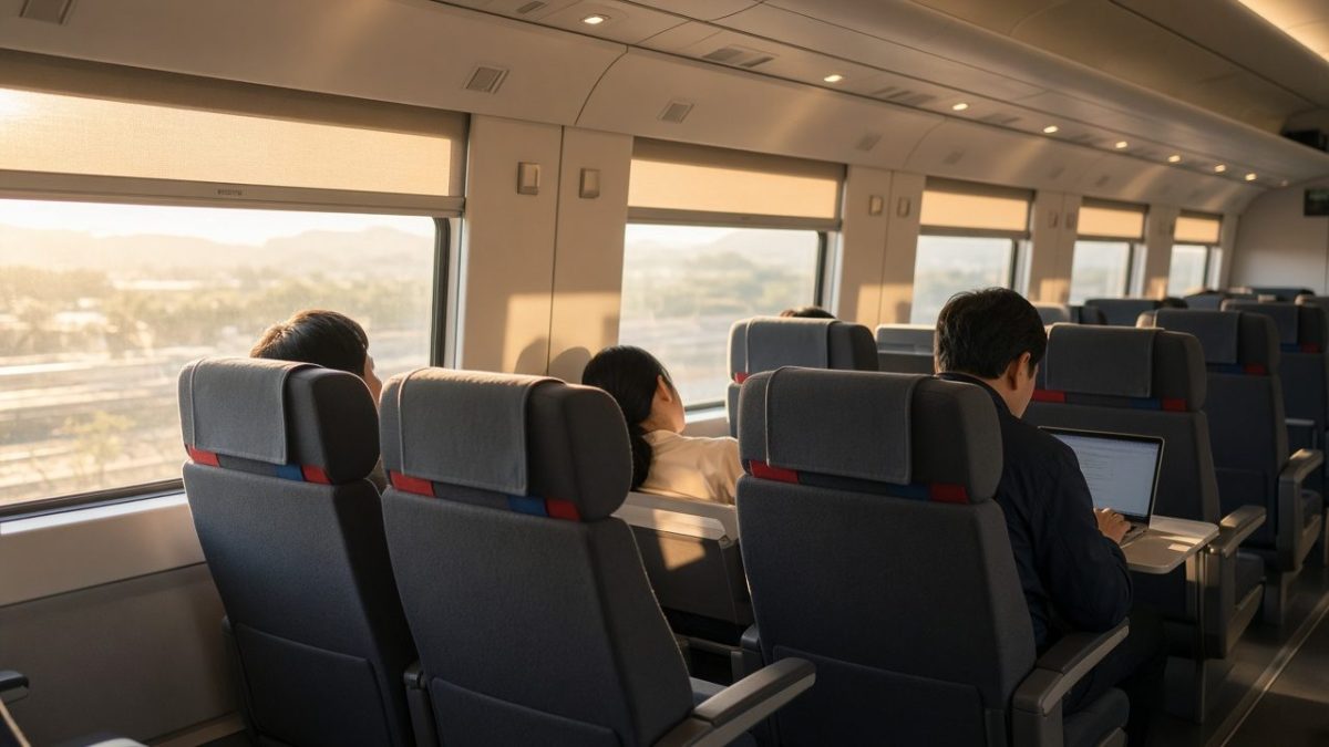 韓國 KTX 車廂內遮陽簾半拉下,乘客休息、使用筆電的韓國高鐵搭車禮儀情境示意圖