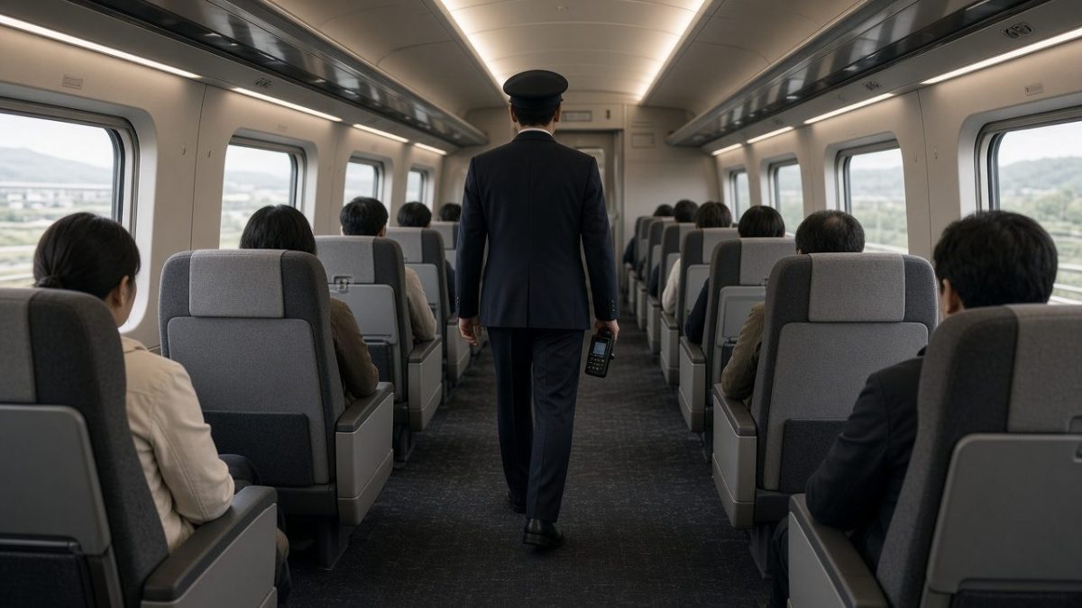 韓國 KTX 車廂走道上,乘務員拿著手持裝置巡視確認座位的韓國高鐵驗票情境示意圖