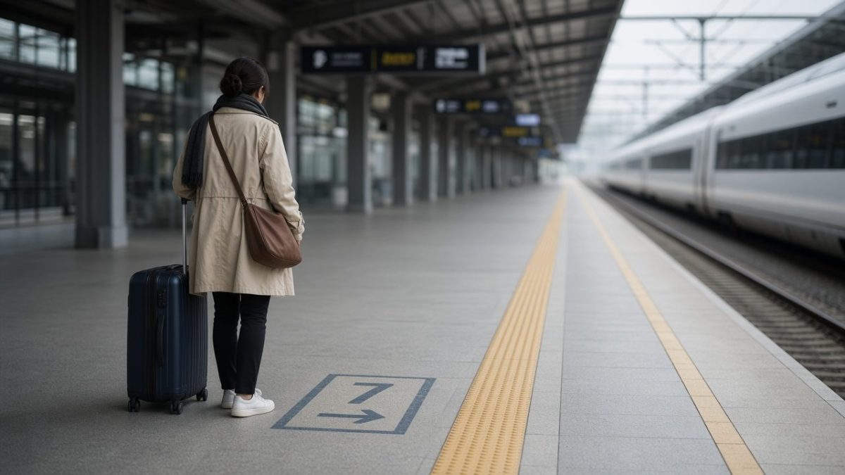 韓國高鐵 KTX 月台上,旅客拉著行李站在車廂候車位置標示旁等車的情境示意圖
