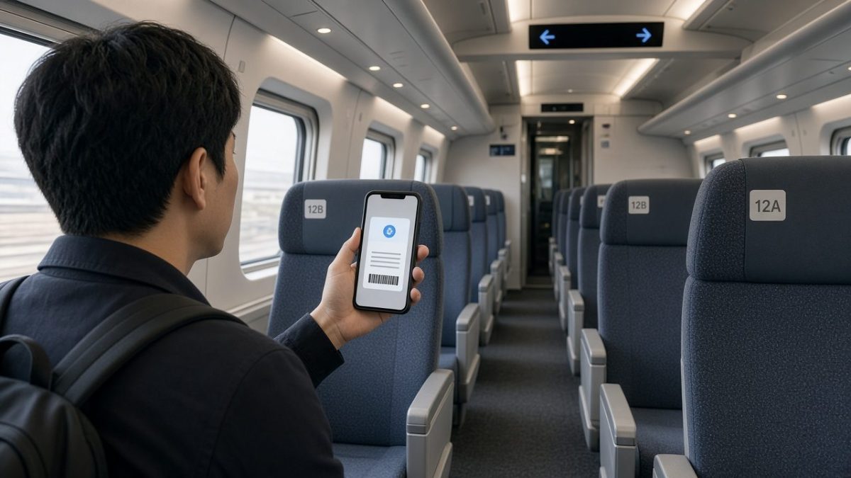 韓國 KTX 車廂內,旅客拿著手機電子車票對照座位號碼找指定座位的韓國高鐵搭車情境示意圖