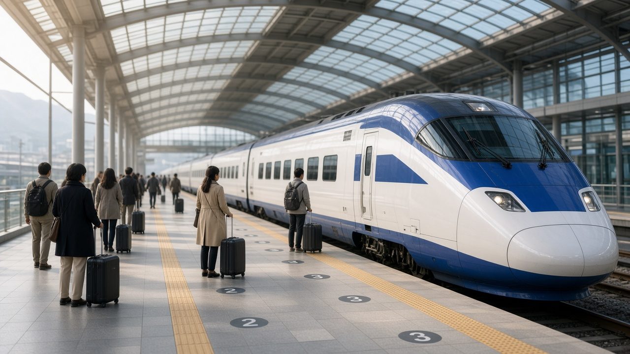 韓國 KTX 高鐵列車進站,旅客拖著行李箱在月台候車的情境示意圖