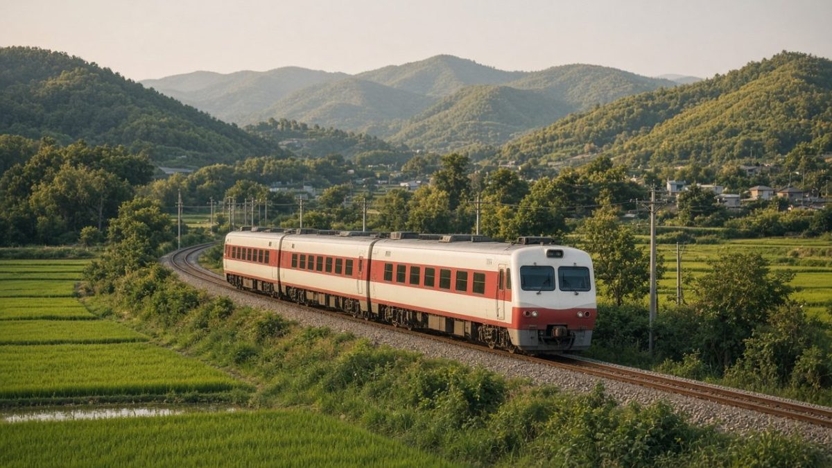 韓國無窮花號(Mugunghwa-ho)一般城際列車行駛在稻田與山間的韓國火車情境示意圖