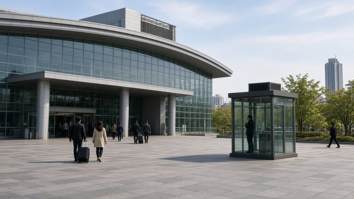 韓國火車站外廣場設置的玻璃指定吸菸室,旅客拖著行李經過的車站吸菸規定情境示意圖