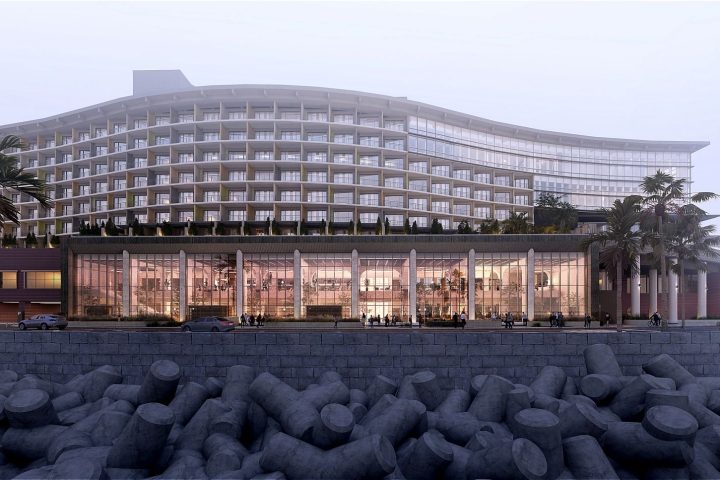 濟州喜來登酒店面海建築外觀渲染圖，前方為海堤與消波塊