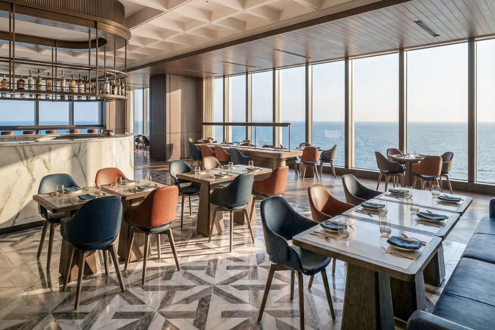 Sheraton Club 酒廊的吧檯與窗外海景（渲染圖）