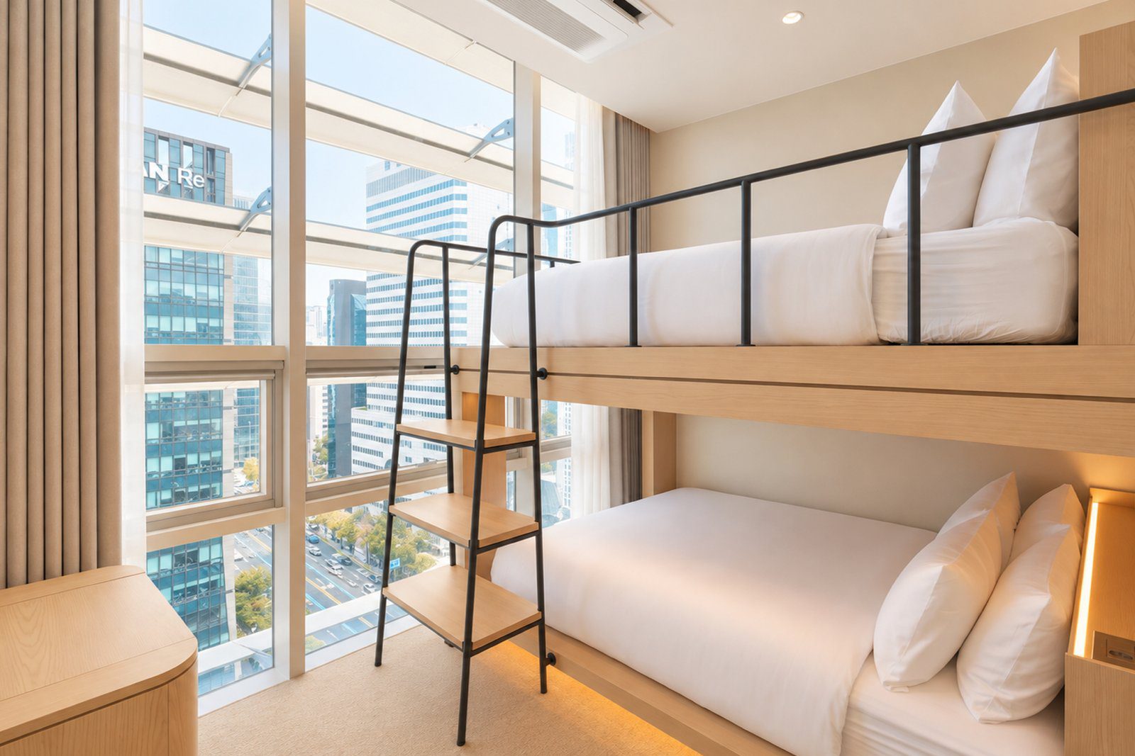 Premier Suite 臥室的上下舖與窗外大樓
