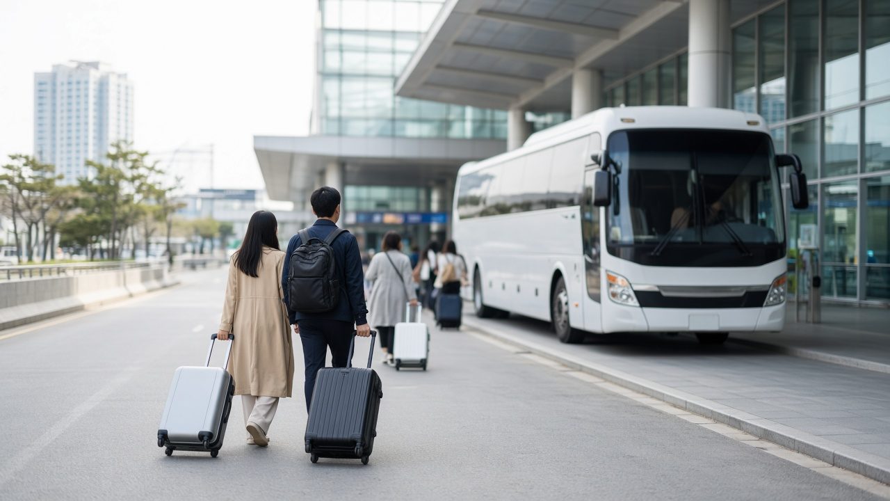 旅客拖著行李箱走向機場航廈前的白色機場巴士