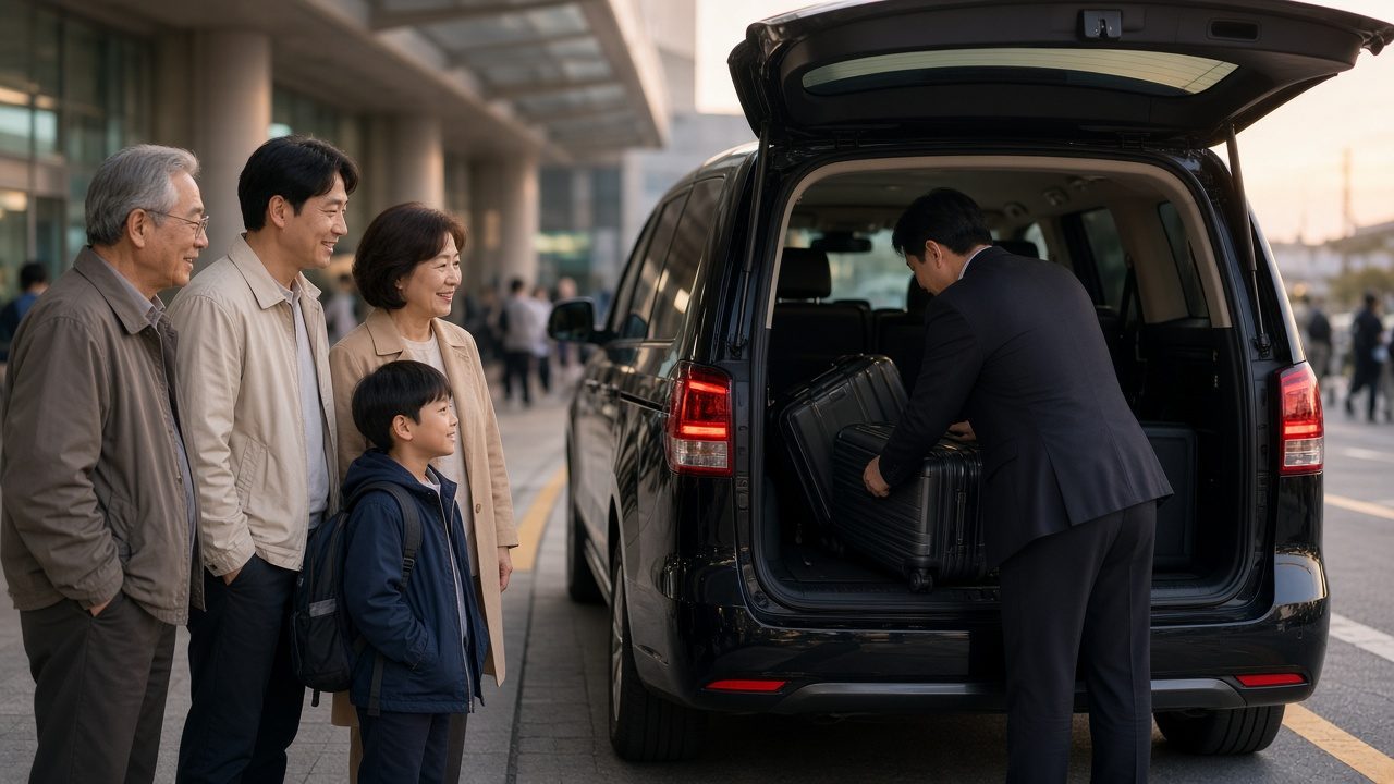司機在機場路邊把行李放進黑色廂型車，一家三代在旁等候