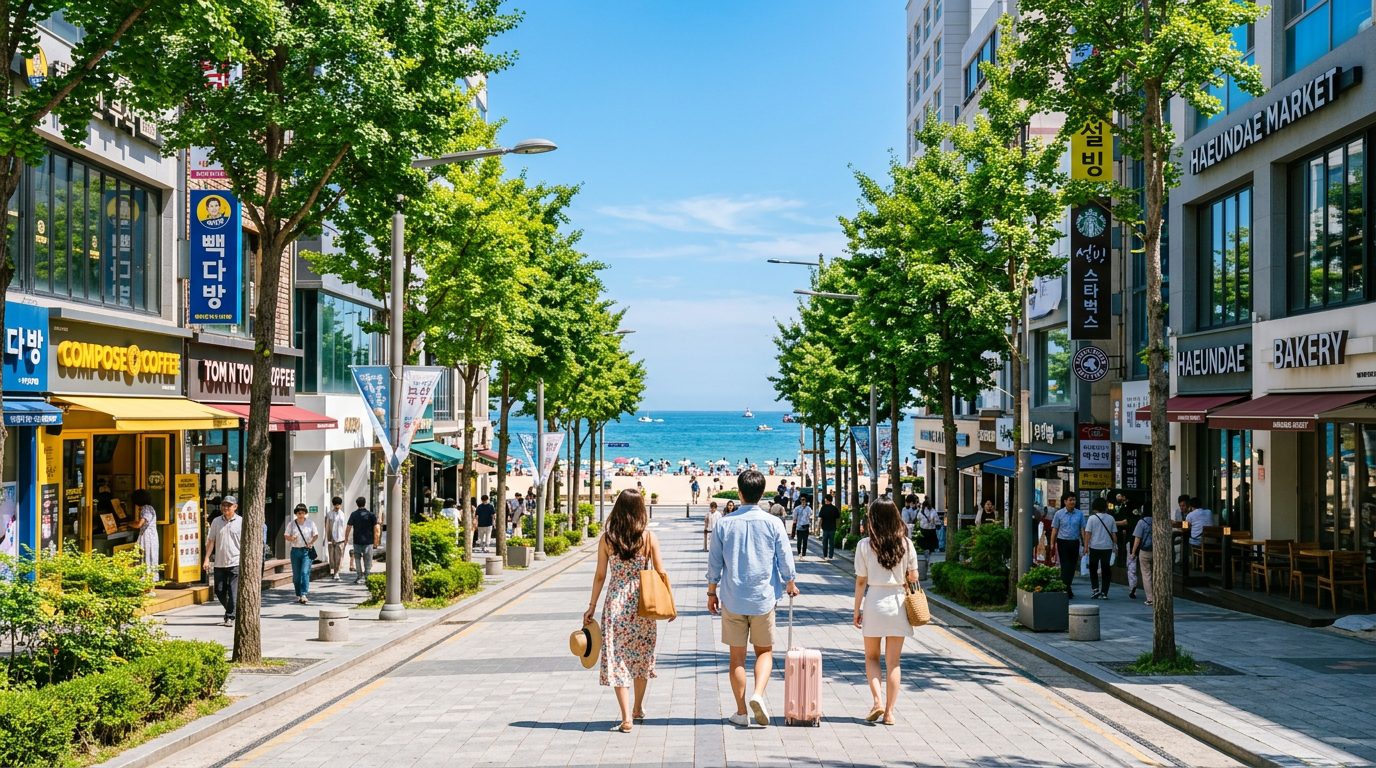 海雲台站出站後龜南路徒步大道直通蔚藍大海情境