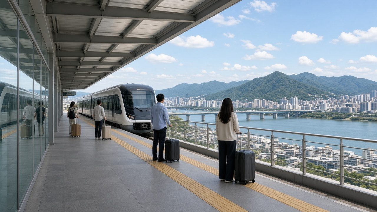 旅客帶著行李在高架輕軌月台候車，遠方是河景與城市