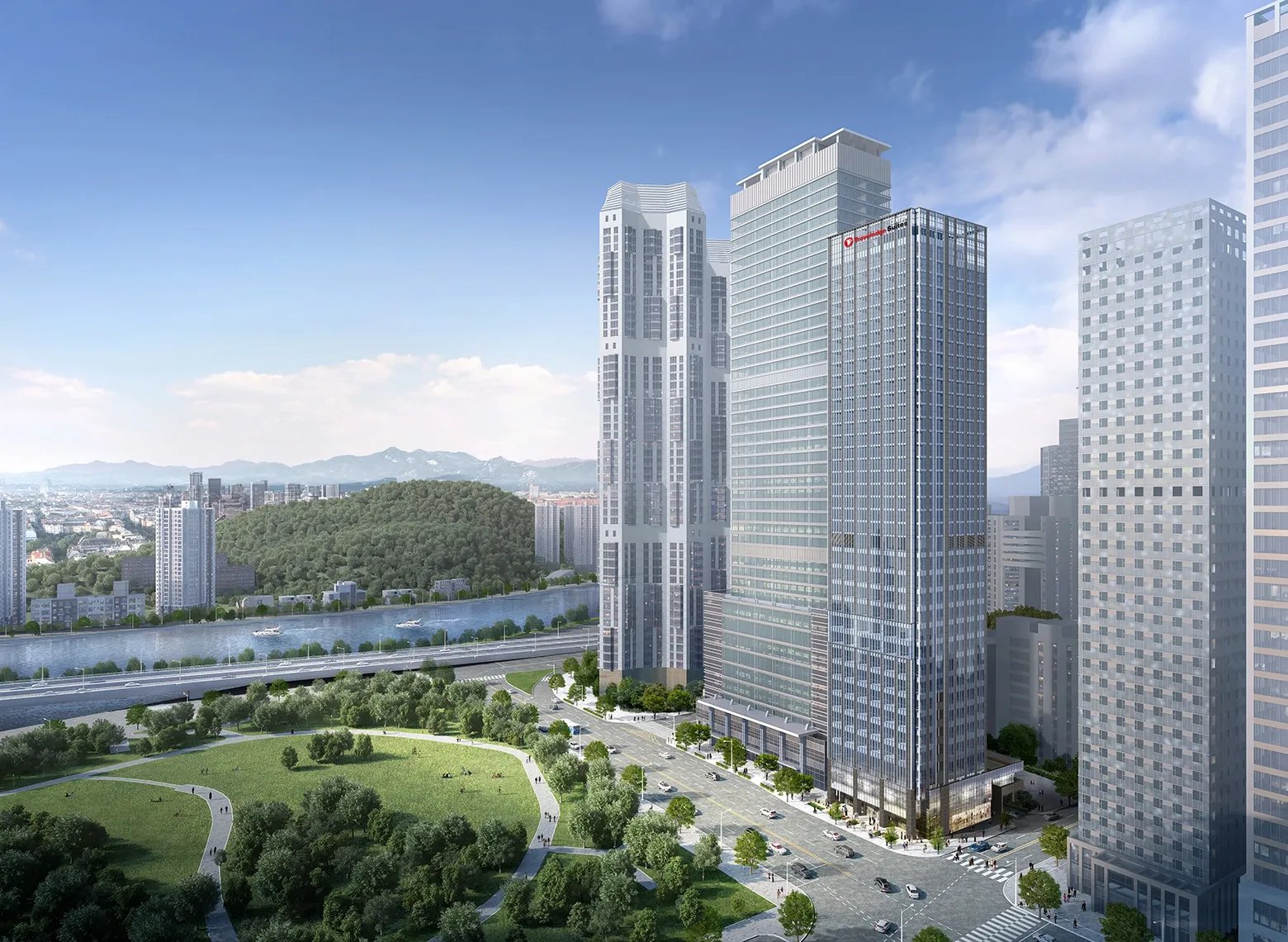 Travelodge Suites 釜山 Centum 所在的大樓群與河岸