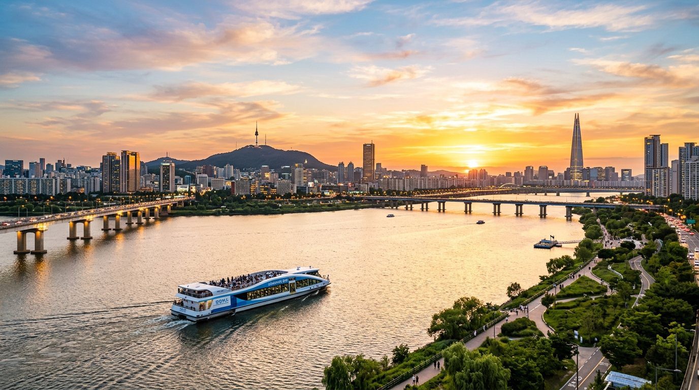 首爾漢江夕陽美景與水上渡輪航行天際線(情境示意)