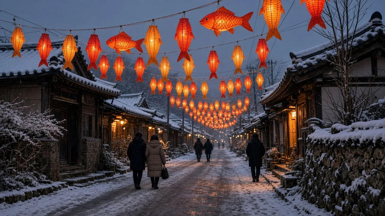 魚形燈籠街夜景（情境示意，非特定地點實景）