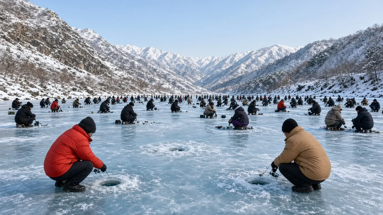 冰封河面上的冰釣人潮（情境示意，非特定地點實景）