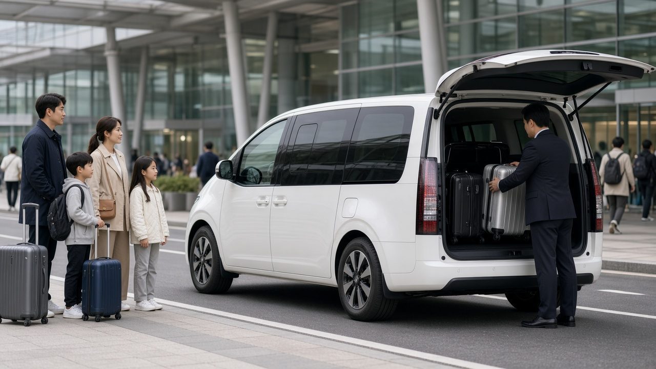 白色 Staria 包車停在機場航廈外，司機協助一家四口搬運行李