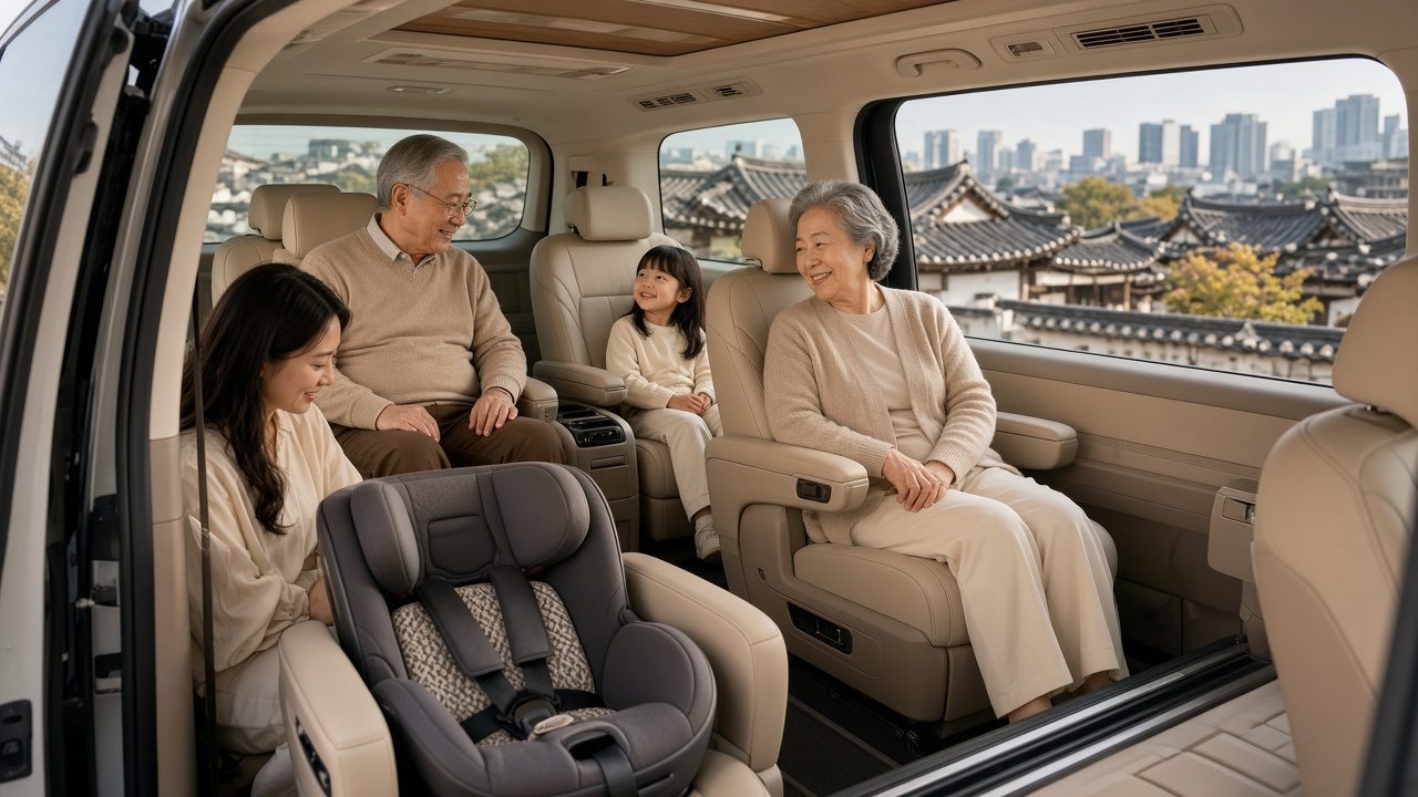 Staria 包車車內祖孫三代同行，後座裝有兒童安全座椅