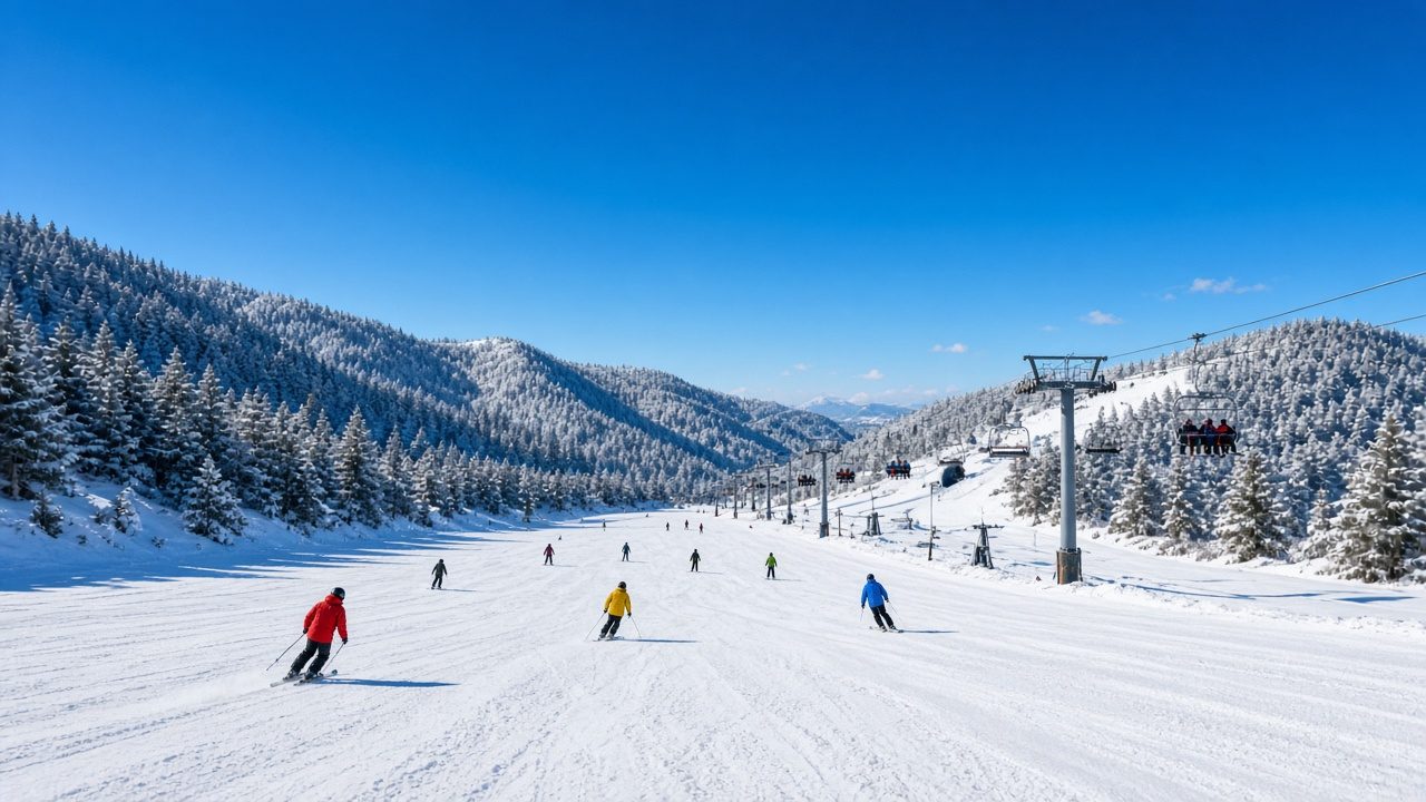 晴天下的韓國滑雪場雪道與吊椅纜車