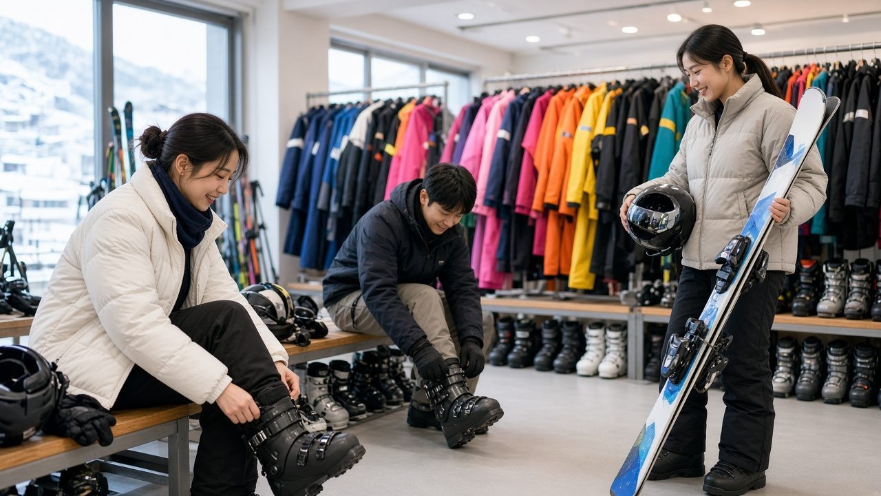 旅客在滑雪場租借店試穿雪鞋、挑選安全帽與雪板