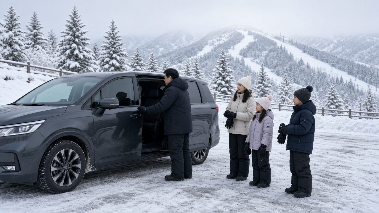 雪場停車場的廂型車，司機為家庭旅客開車門